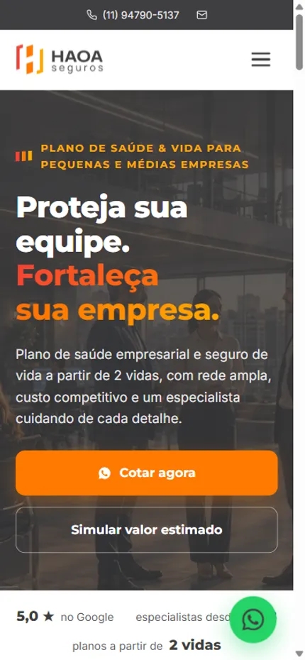 Site HAOA Seguros no celular